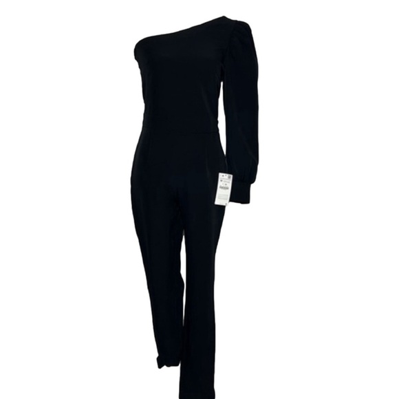 Zara Black One Shoulder Balloon Sleeve Jumpsuit NWT Size M Back Zip Chic - Picture 2 of 11